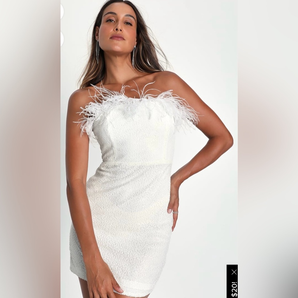 Lulu’s Glittering Perfection White Sequin Feather Strapless Mini Dress